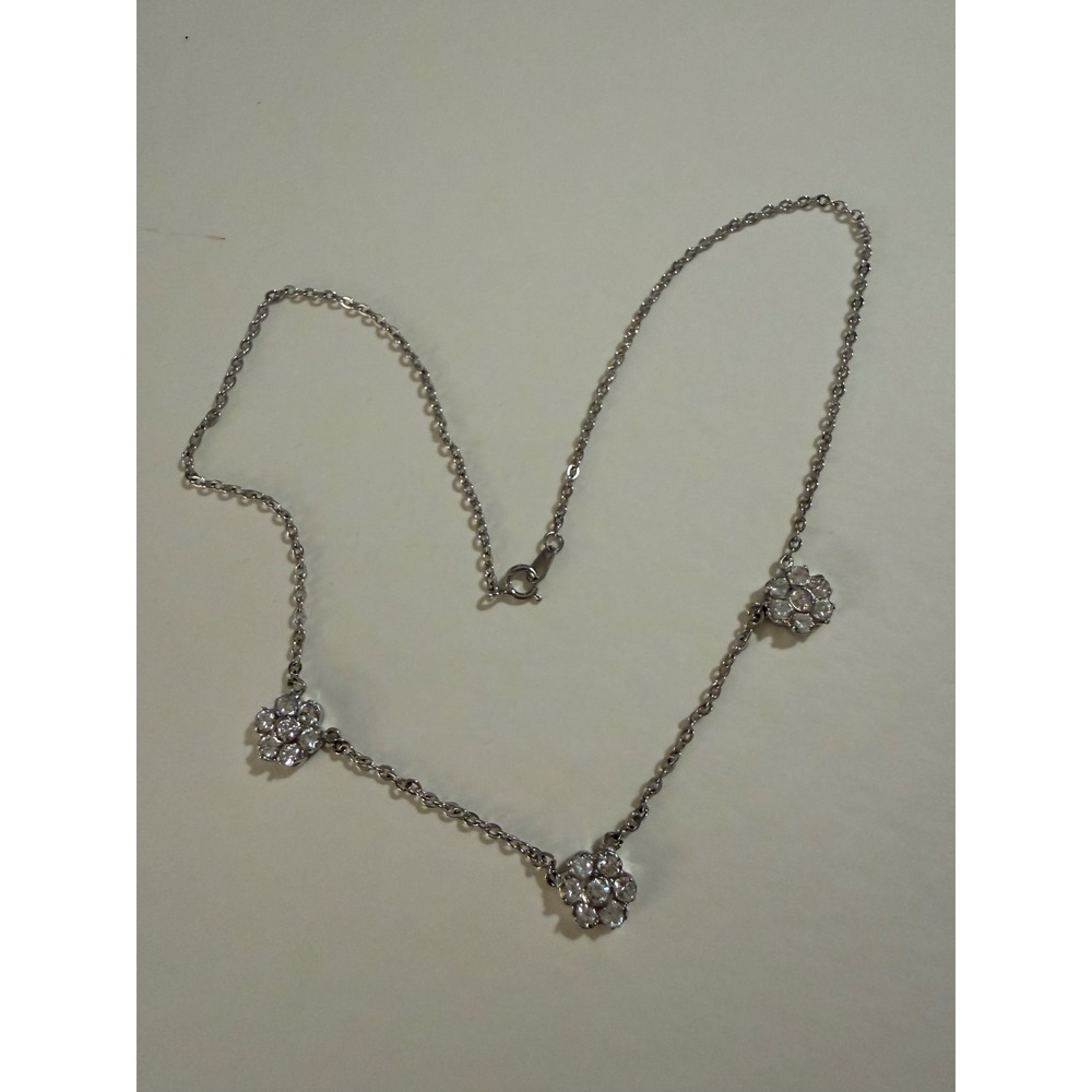 Silver Crystal Flower Station Necklace Triple Floral Charm Dainty Chain